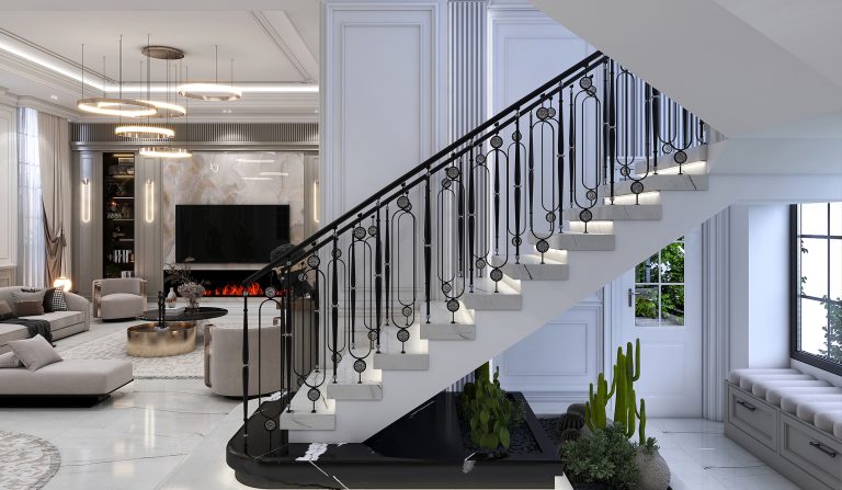 Interior design of the ground-floor living room and kitchen