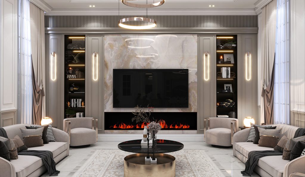 Interior design of the ground-floor living room and kitchen.