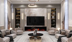 Interior design of the ground-floor living room and kitchen.