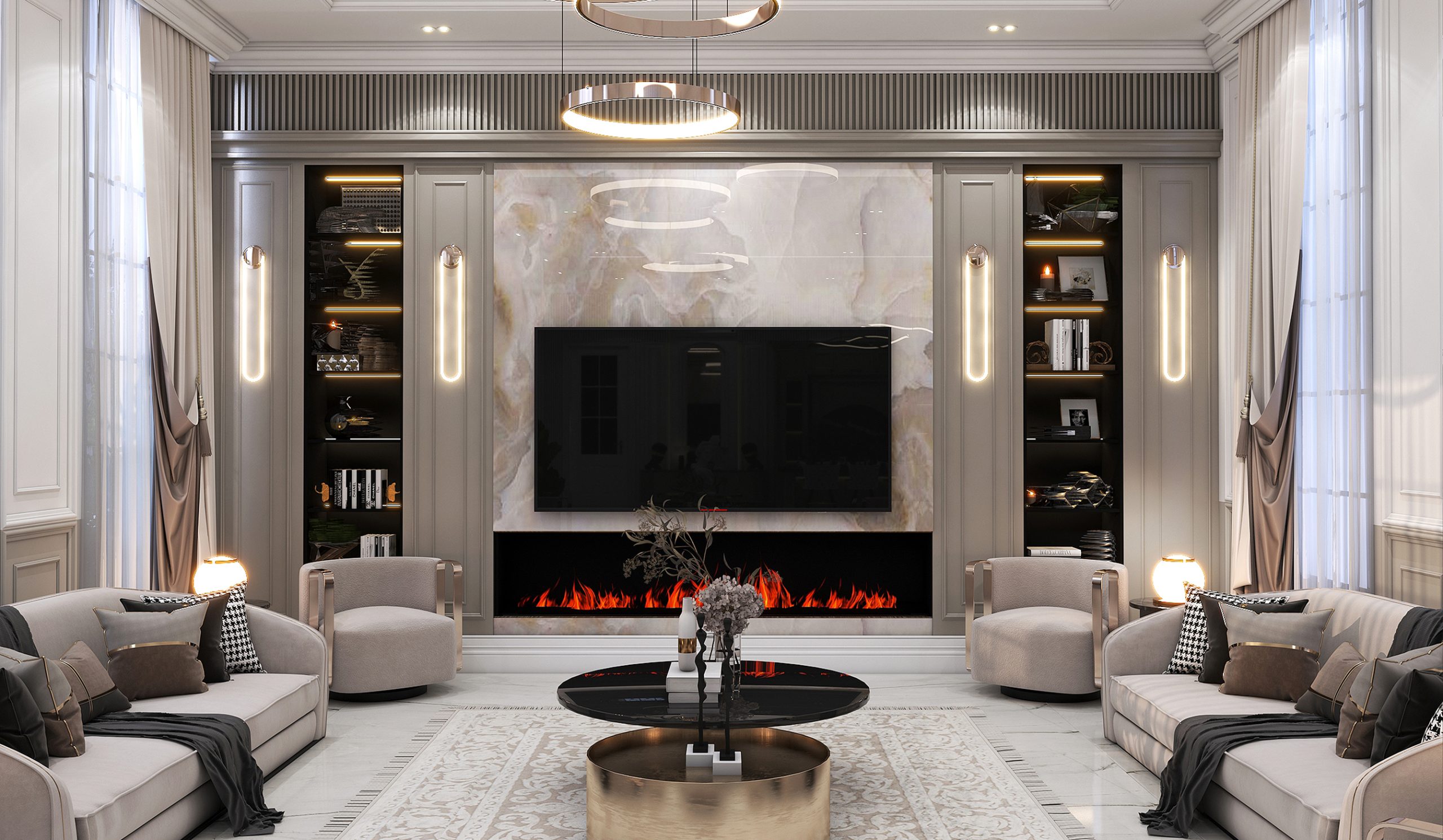 Interior design of the ground-floor living room and kitchen.