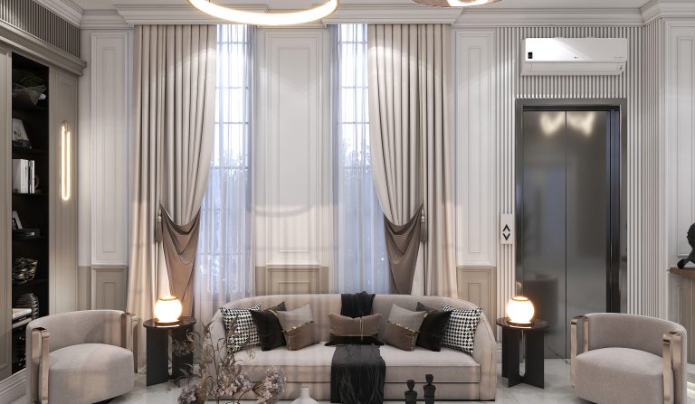 Interior design of the ground-floor living room and kitchen.