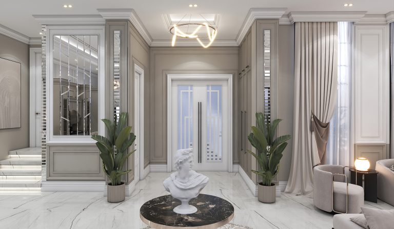 Interior design of the ground-floor living room and kitchen