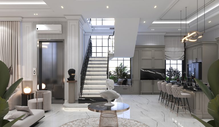 Interior design of the ground-floor living room and kitchen