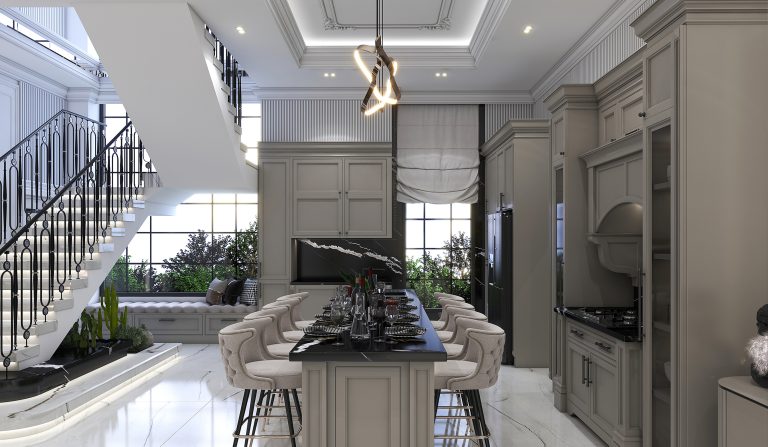 Interior design of the ground-floor living room and kitchen