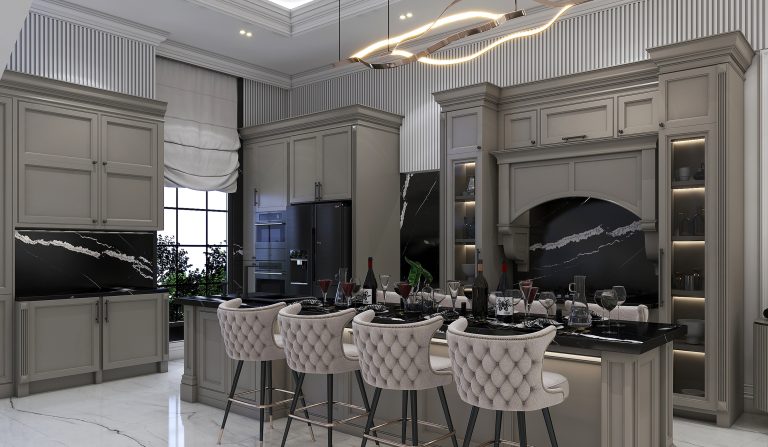 Interior design of the ground-floor living room and kitchen