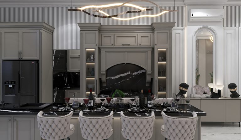 Interior design of the ground-floor living room and kitchen