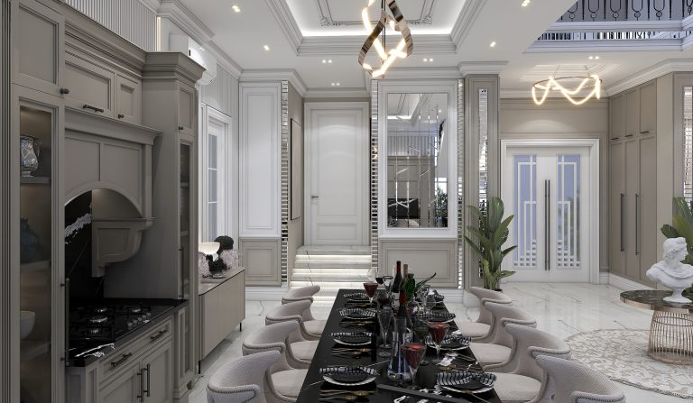 Interior design of the ground-floor living room and kitchen.