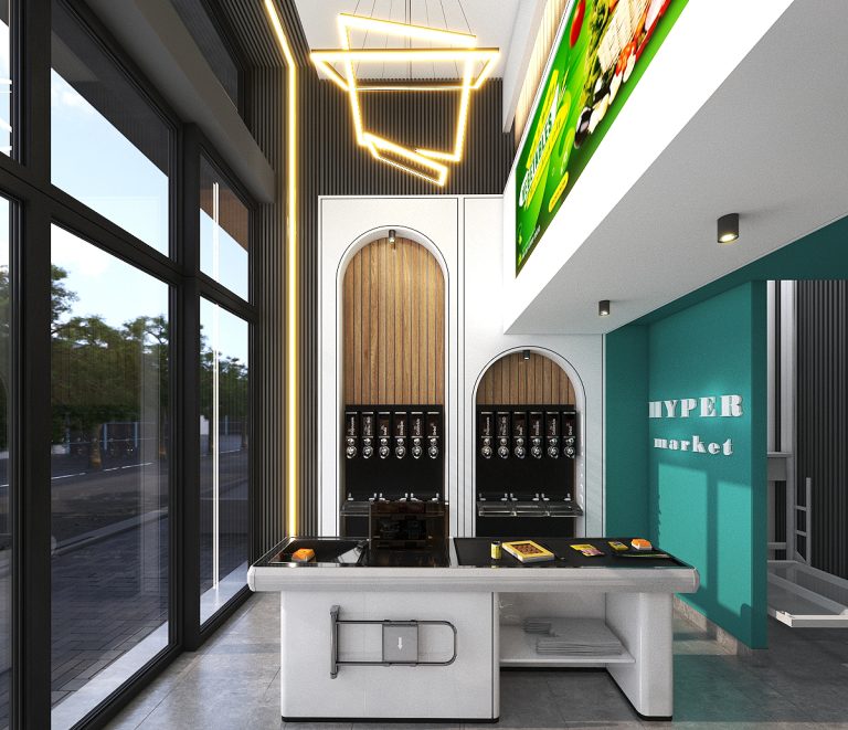 The interior design of a hypermarket for a 1600-square-meter service and recreational