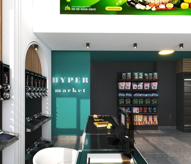 The interior design of a hypermarket for a 1600-square-meter service and recreational