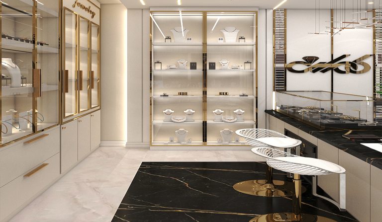 The interior design of Mr. Sadeghzadeh’s jewelry store incorporates a refined selection of materials, including paint, ceramics, MDF, mirrors, silver stainless steel, and decorative posters