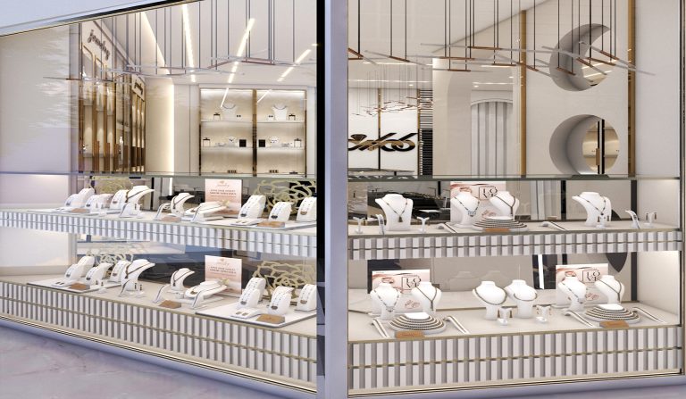 The interior design of Mr. Sadeghzadeh’s jewelry store incorporates a refined selection of materials, including paint, ceramics, MDF, mirrors, silver stainless steel, and decorative posters