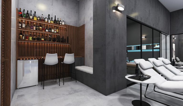 swimming pool interior design with materials such as ceramic, slab, pool tile, linear lighting, and PVC mirror