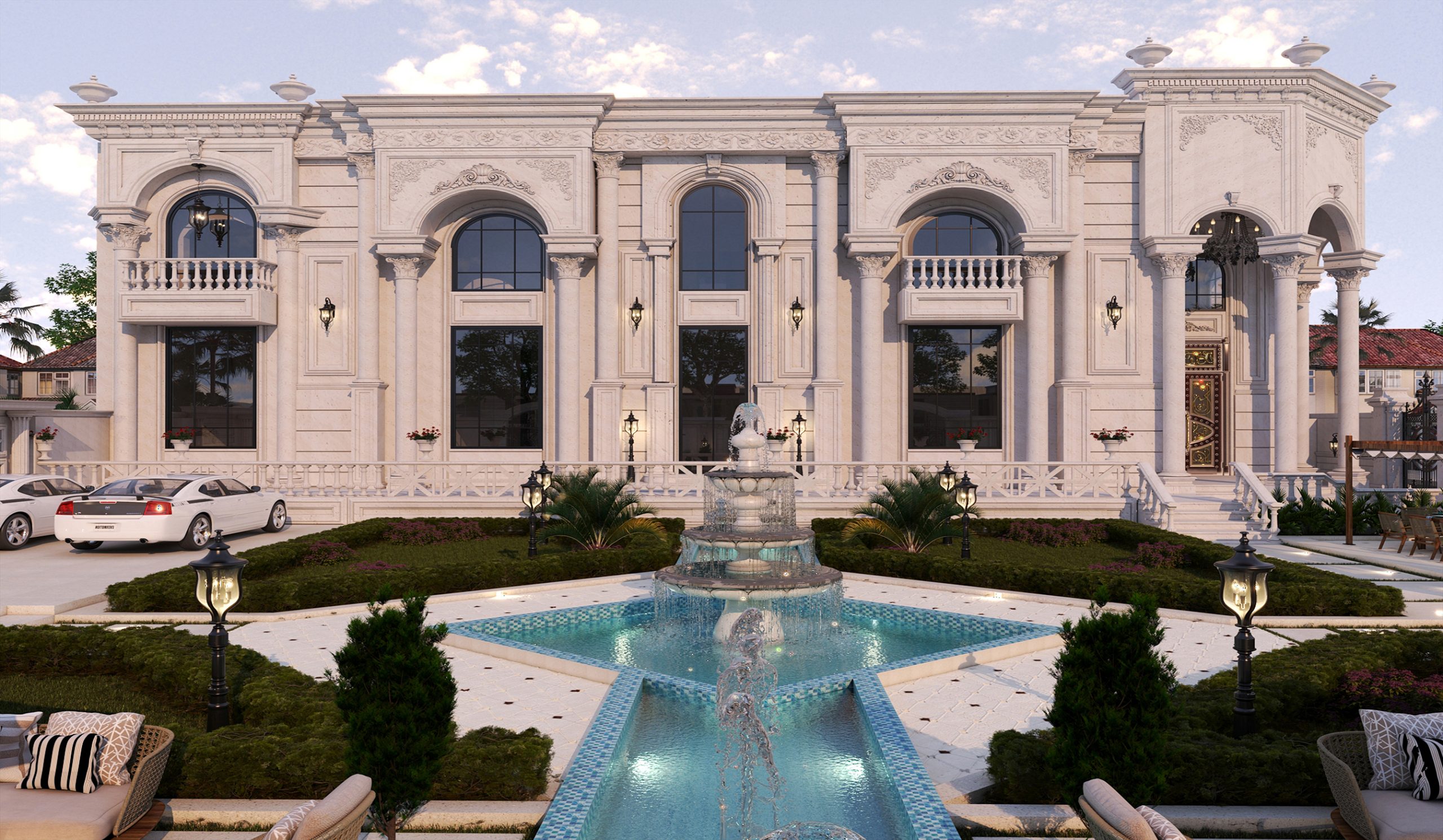 The architectural design of the facade and landscaping for Engineer Jalil's project