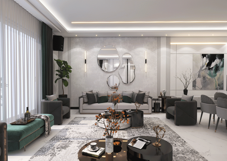 Design of a reception hall with MDF material - linear light - wallpaper - poster - grooved MDF