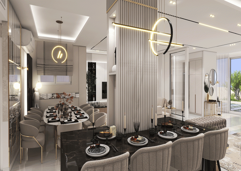 Use of neutral colors creates a sense of calm and harmony – Modern lighting (recessed and pendant) – Harmonious open layout – Modern furniture – Functional black marble island –