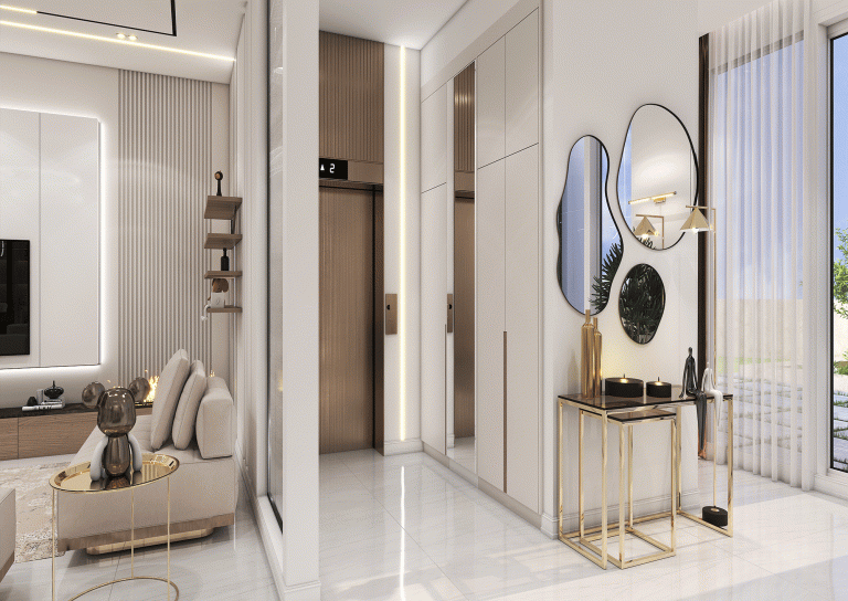 Use of neutral colors creates a sense of calm and harmony – Modern lighting (recessed and pendant) – Harmonious open layout – Modern furniture – Functional black marble island –