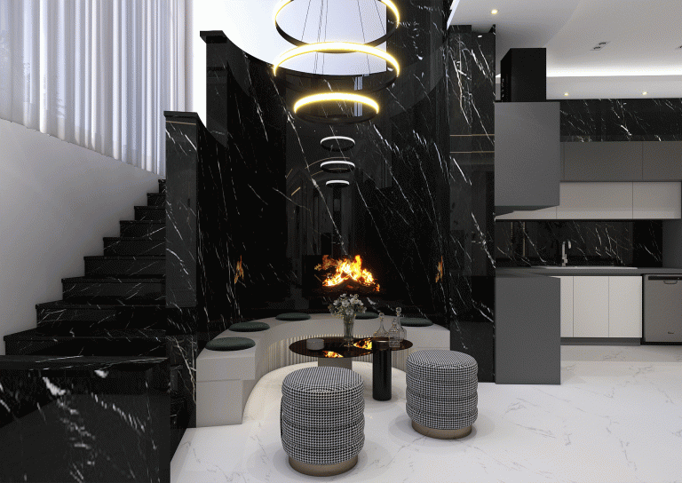 Living room design with MDF material - linear light - stone