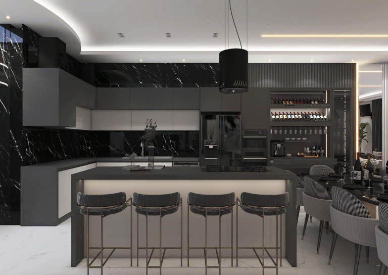 Kitchen design with MDF material - linear light - stone - grooved MDF -