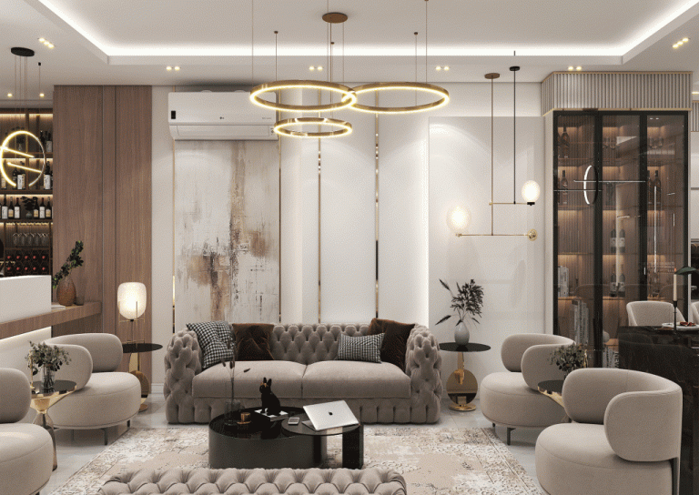 Use of neutral colors creates a sense of calm and harmony – Modern lighting (recessed and pendant) – Harmonious open layout – Modern furniture – Functional black marble island –