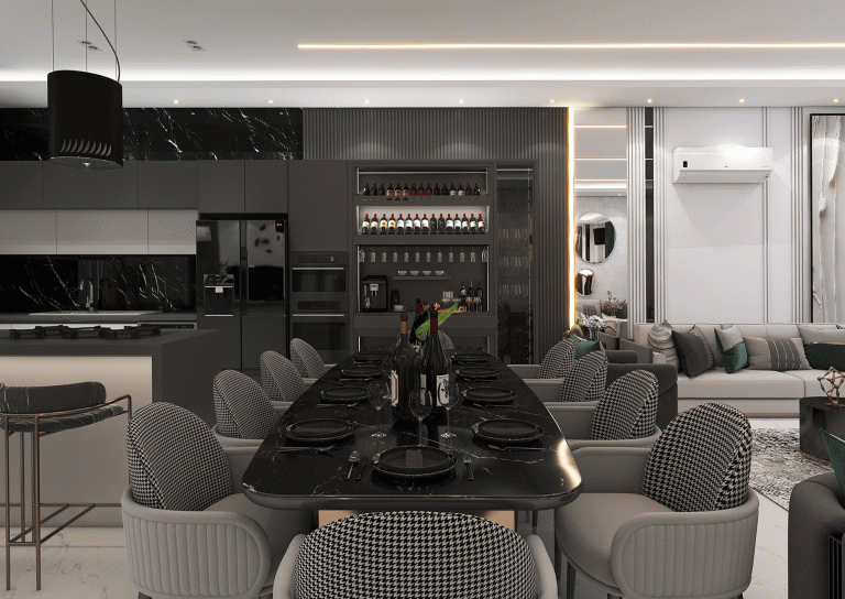 Kitchen design with MDF material - linear light - stone - grooved MDF -