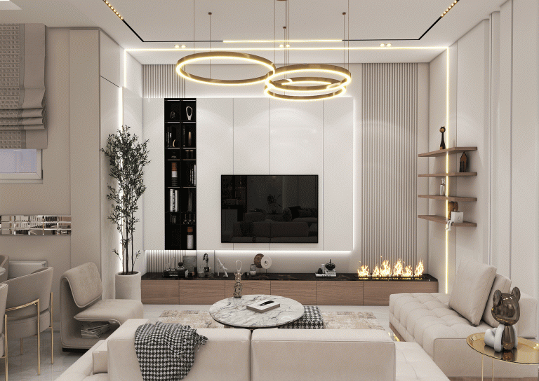 Use of neutral colors creates a sense of calm and harmony – Modern lighting (recessed and pendant) – Harmonious open layout – Modern furniture – Functional black marble island –