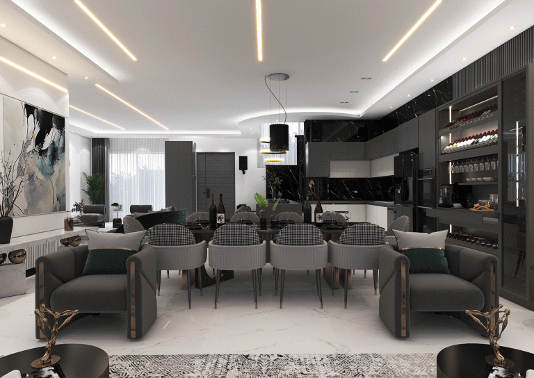 Kitchen design with MDF material - linear light - stone - grooved MDF -