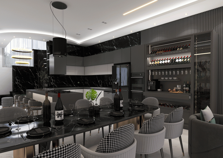 Kitchen design with MDF material - linear light - stone - grooved MDF -