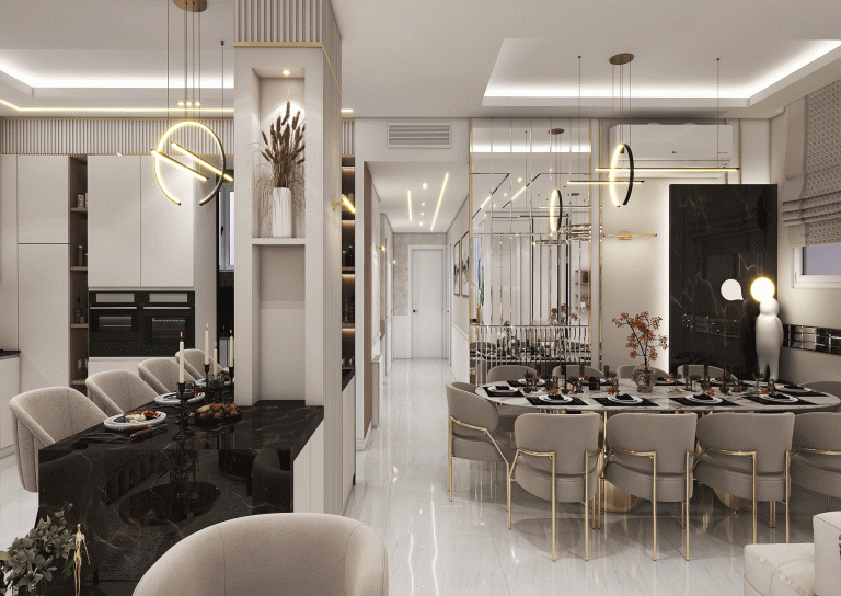 Use of neutral colors creates a sense of calm and harmony – Modern lighting (recessed and pendant) – Harmonious open layout – Modern furniture – Functional black marble island –