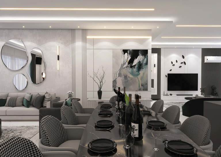 Design of a reception hall with materials - linear light - poster - grooved MDF - wallpaper - mirror -