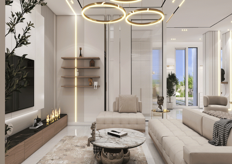 Use of neutral colors creates a sense of calm and harmony – Modern lighting (recessed and pendant) – Harmonious open layout – Modern furniture – Functional black marble island –