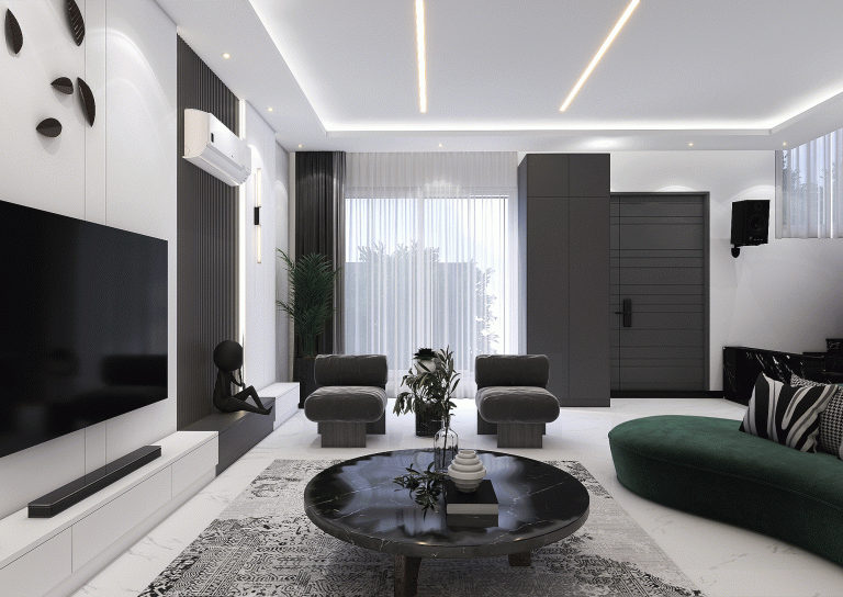 Design of a reception hall with materials - MDF - linear light - grooved MDF -