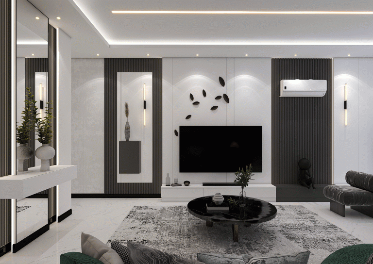 Living room design with MDF material - linear light - grooved MDF - mirror