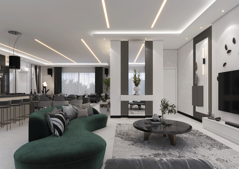 Design of a reception hall with MDF material - linear lighting - posters - grooved MDF - wallpaper.