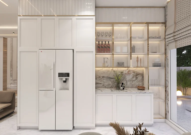 Kitchen design with materials - MDF - steel strip - linear light - grooved MDF - stone