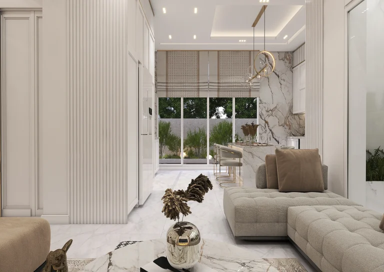 Kitchen design with materials - MDF - Linear light - Grooved MDF - Stone