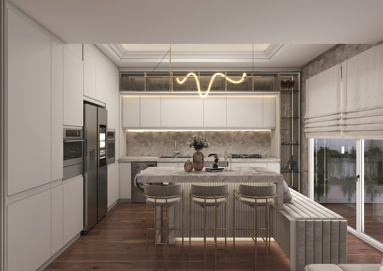 Kitchen design with MDF material and stone-touch finish.