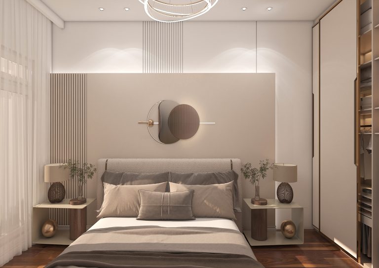 Bedroom design with materials - grooved MDF - paint - mirror - golden steel