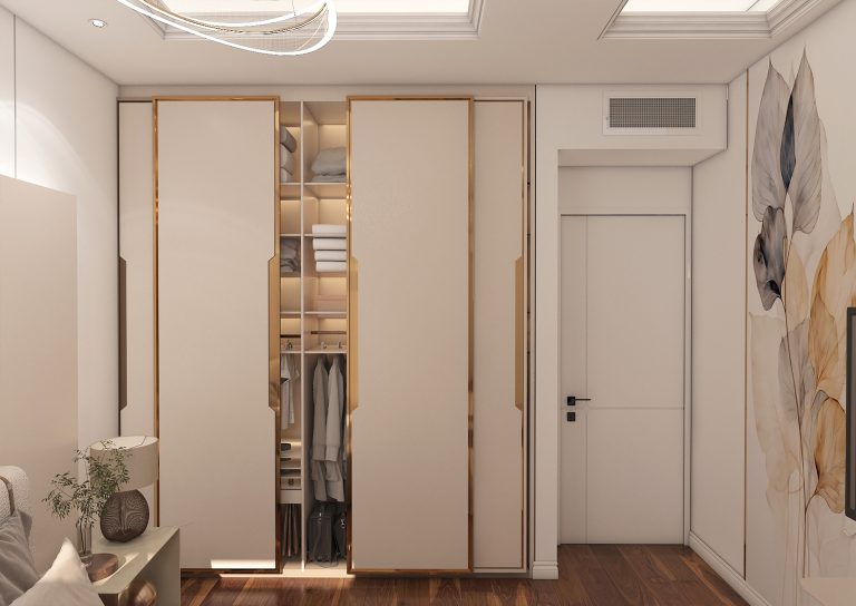 Bedroom design with grooved MDF material, mirror color, gold steel.