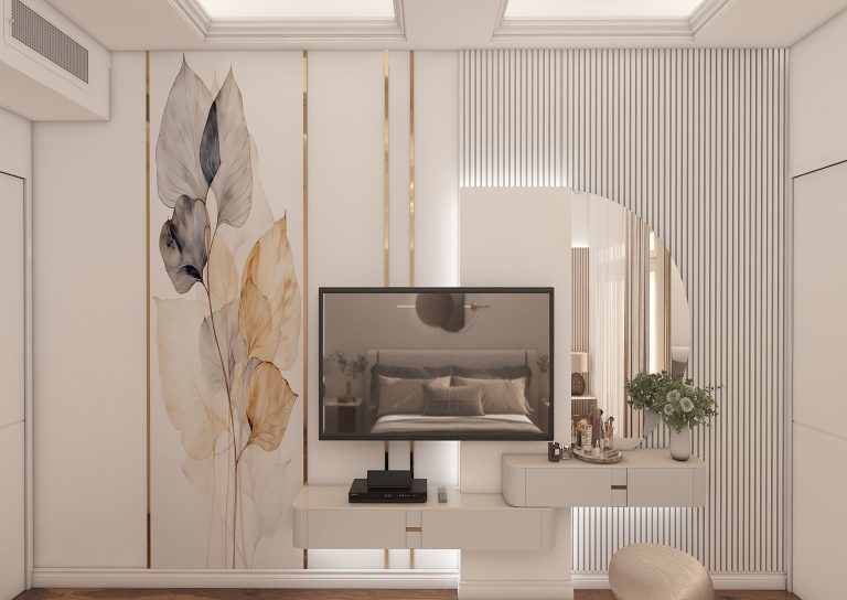 Bedroom interior design with grooved MDF material, mirror color, and golden steel.