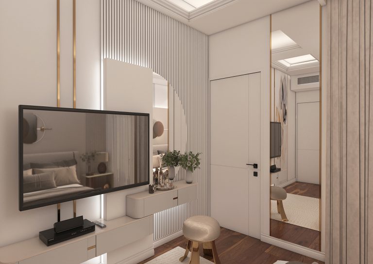 Bedroom interior design with grooved MDF material, mirror color, and golden steel.