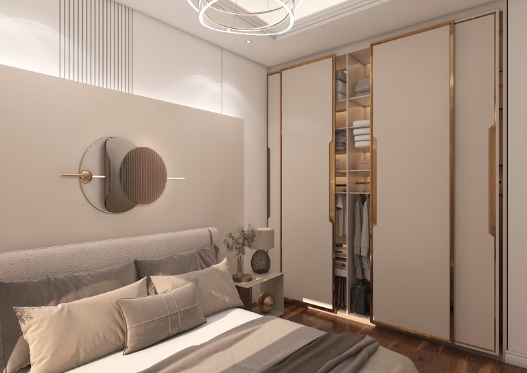 Bedroom interior design with grooved MDF material, mirror color, and golden steel.