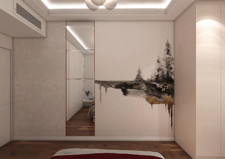 Guest room design with materials - poster-wallpaper-mirror-new style-lighting-