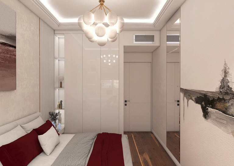 Guest room design with materials - poster-wallpaper-mirror-new style-lighting-MDF-grooved MDF