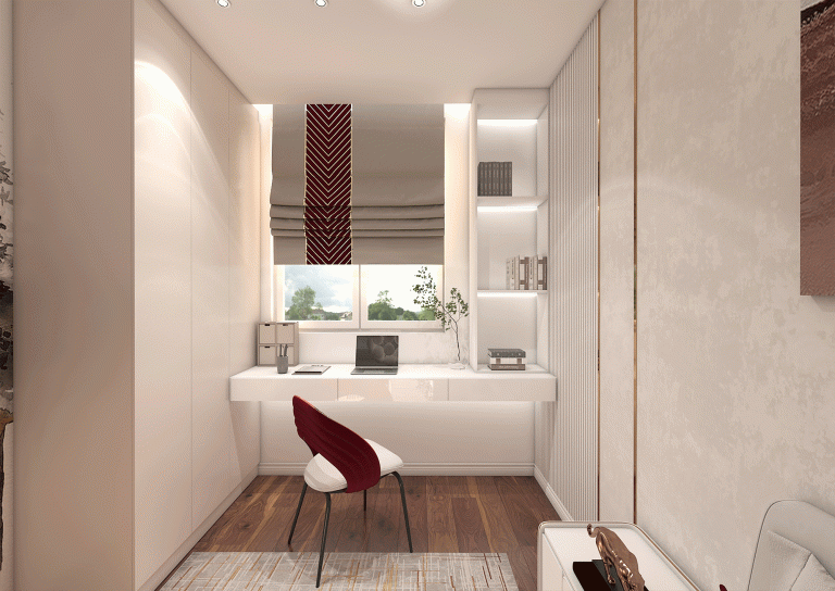 Guest room design with materials - wallpaper - neo-style - linear - MDF - grooved MDF