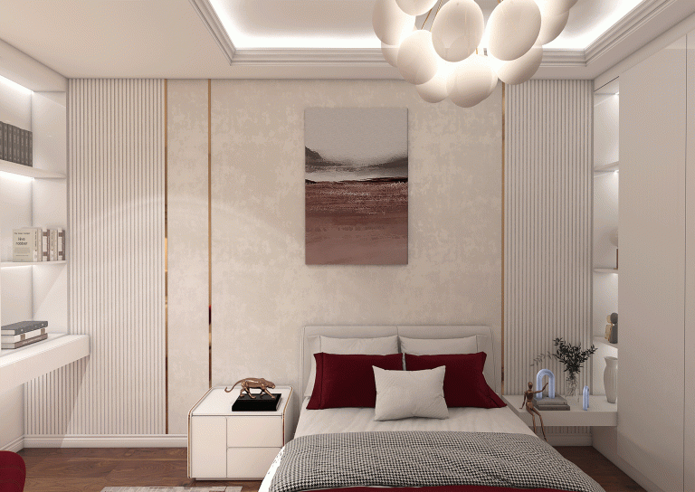 Guest room design with materials - wallpaper - neo-style - linear - MDF - grooved MDF