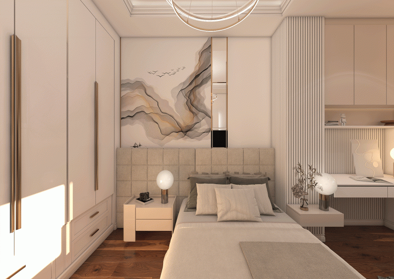 Boy's room design with materials - poster - MDF - mirror - steel strip - touch - grooved MDF