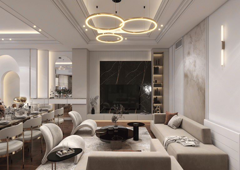 Design - Reception hall - with Knauf material - Poster - Mirror - Ceramic slabs - Linear lighting