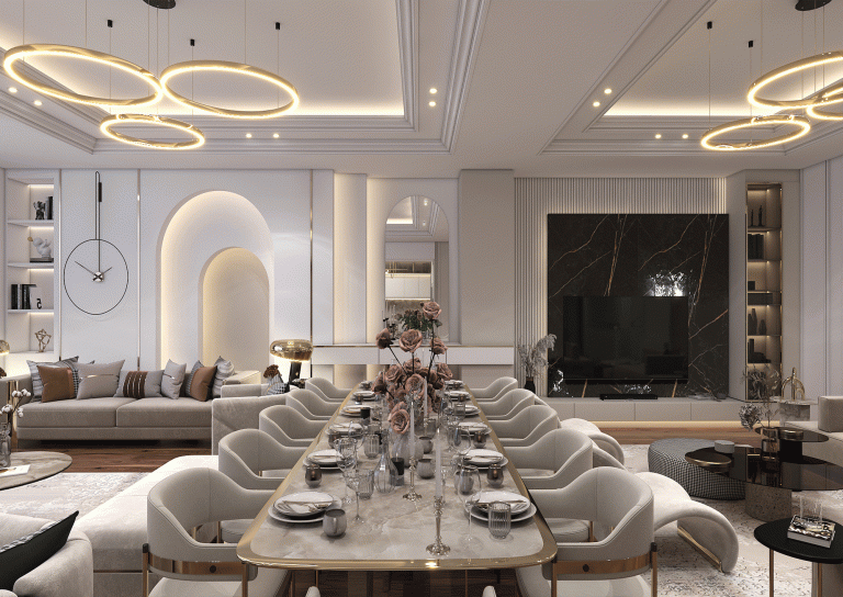 Living-room-design-with-Knauf-material-wallpaper-mirror-new-style-ceramic-slab-lighting