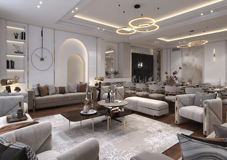 Design-of-a-reception-hall-with-Knauf-material-wallpaper-mirror-new-style-poster-lighting