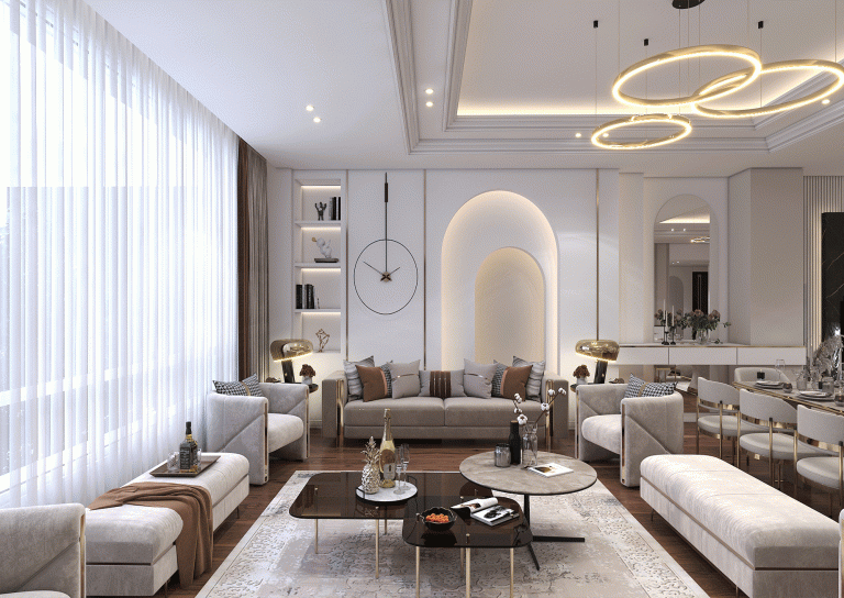 Design - Living room - with material - Knauf - wallpaper - mirror - modern style - light line